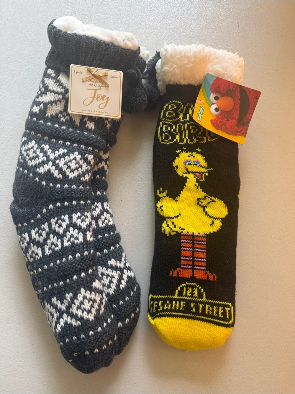 Grey Snowflake & Big Bird Black & Yellow Plush-Lined adult gripper socks 2 pair